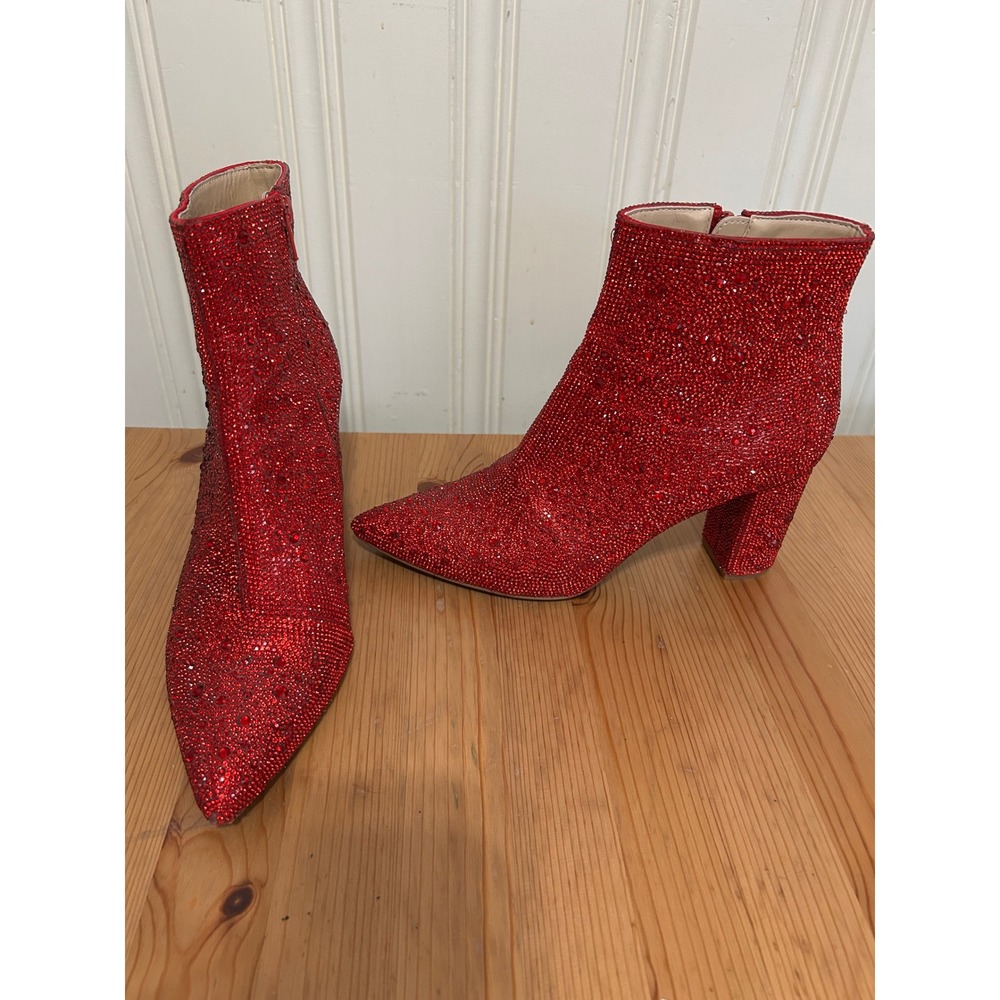Betsey Johnson Red Rhinestone  Glitter Sparkle Ankle Booties Pointed Toe 9M Glam